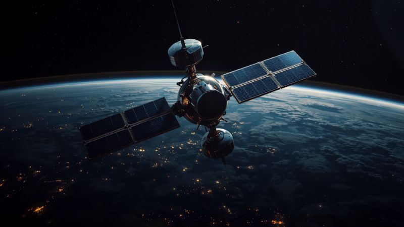 地球の夜景の上を飛ぶ人工衛星